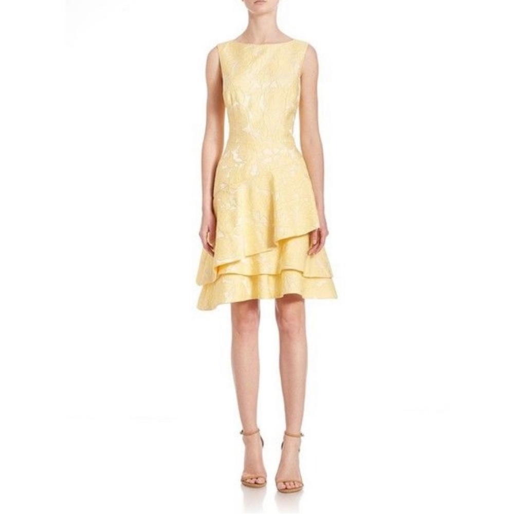 NWT Teri Jon by Rickie Freeman Floral Tier-Hem Dress - Yellow